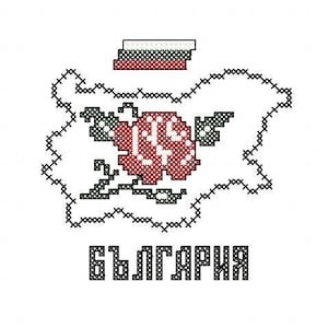 May include: A black and white outline of the country of Bulgaria with a red rose in the center. The Bulgarian flag is above the outline. The word "БЪЛГАРИЯ" is written below the outline.