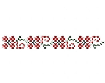 May include: A red and green cross-stitch pattern of flowers and vines. The flowers are red and the vines are green.