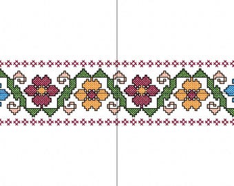 May include: A cross-stitch pattern with a repeating design of green leaves, pink, blue, and orange flowers. The pattern is bordered by a row of red crosses.