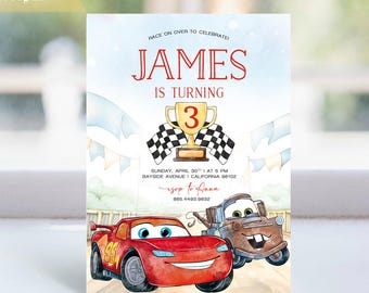 May include: A birthday invitation for a boy turning three years old. The invitation features a watercolor illustration of a red race car and a blue truck, along with a checkered flag and a trophy. The text on the invitation reads "Race on over to celebrate! James is turning 3".