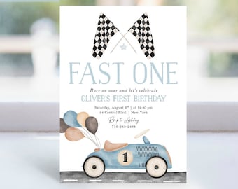 Fast ONE Racing Car First Birthday Invitation 1st Birthday Racing Car Vintage Racecar Editable Invite Printable Template Instant Download