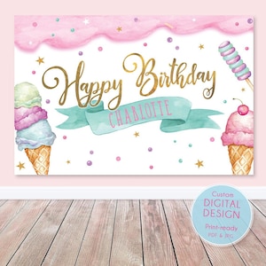 Telón de fondo de helado, IMPRIMIBLE, Aquí está la primicia, Dulce, Dos dulces decoración de cumpleaños, Signo de helado, Fondo, Cumpleaños de niña / 010