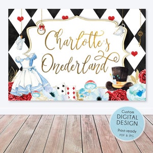 Alice In Wonderland Backdrop, Onederland Girl's 1st Birthday Party Invitation, Backdrop Banner - Mad Hatter Tea Party | Digital Printable