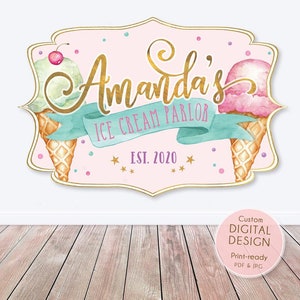 Telón de fondo de helado, letrero de heladería, aquí está la decoración de cumpleaños de la cucharada, letrero de helado, dulce uno dos dulces cumpleaños de niña, IMPRIMIBLE 010