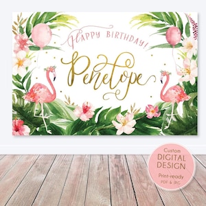 Pano de fundo flamingo, flamingo, sinal de festa de primeiro aniversário de menina, banner de fundo - chá de panela, chá de bebê, ouro rosa digital para impressão