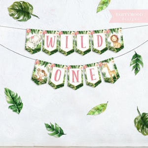 Wild One Banner, Safari Banner, 1º aniversário de meninas, tema de selva, tropical selvagem, animais de leão e elefante, primeiro aniversário, impressão digital