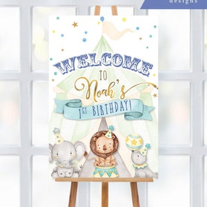 Circus Carnival Welcome Sign, Circus Animals, Circus Boy's 1st Birthday Party, Amusement Park, Carousel, First Birthday, Blue, Welcome sign
