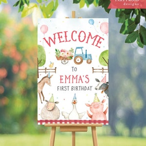 Signe de bienvenue de ferme, animaux de ferme, premier anniversaire de garçon, fête d'anniversaire de fille, décorations de ferme de basse-cour, animaux de fête, imprimable imprimable