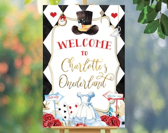 May include: Welcome to Charlotte's Wonderland party sign with a black and white checkered background, a red heart, a gold key, a pocket watch, a teacup, a red rose, a playing card, and a blue and white dress.