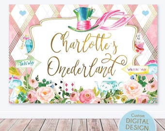 Alicia en el país de las maravillas telón de fondo, editable, 1ª fiesta de cumpleaños de la niña Onederland, estandarte de fondo de Alicia, fiesta del té loco, primer cumpleaños IMPRIMIBLE