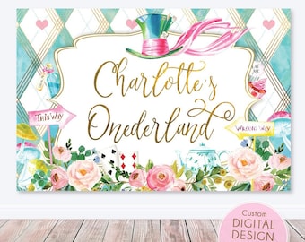 Alicia en el fondo del país de las maravillas, invitación de la fiesta del primer cumpleaños de la niña Onederland, pancarta de fondo, fiesta del té loco, primer cumpleaños imprimible