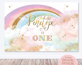 Telón de fondo del arco iris, cumpleaños del unicornio del arco iris, decoración de la fiesta mágica, cumpleaños de la niña del unicornio, estandarte de la fiesta temática del arco iris, oro pastel rubor, CORJL