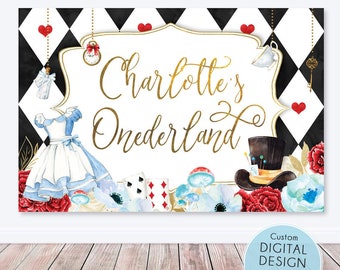 Alicia en el país de las maravillas telón de fondo, invitación de la fiesta del primer cumpleaños de la niña de Onederland, banner de fondo - fiesta del té del sombrerero loco / imprimible digital