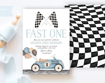 Fast ONE Racing Car First Birthday Invitation 1st Birthday Invite Racing Car Vintage Racecar Invitation Printable Template Instant Download