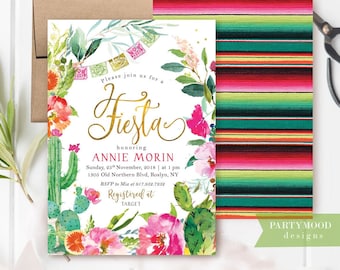 May include: A white invitation with a gold script font that says "Fiesta" and a watercolor illustration of cacti, flowers, and greenery. The invitation is for a party honoring Annie Morin on Sunday, November 25th, 2018 at 1 pm. The address is 1305 Old Northern Blvd, Roslyn, NY. The RSVP number is 917.952.7252. The invitation also states that the guest of honor is registered at Target.