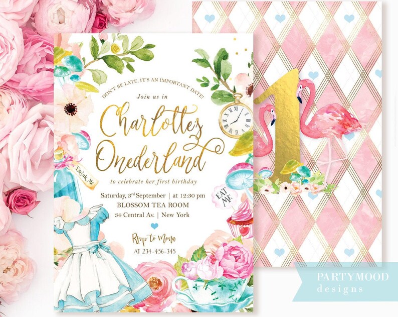 Alice In Wonderland Invitation Onederland Girls 1st Birthday Party Invitation Mad Tea Party First Birthday Invite ANY AGE