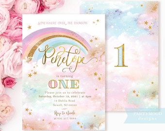 Rainbow Invitation, Rainbow Birthday Invite, Magical Party decor, Unicorn Girl 1st Birthday, Summer Rainbow Party, Blush Pastel Pink Gold