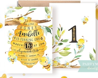 Invitación de cumpleaños de abeja, nuestra pequeña fiesta de cumpleaños de miel, invitación a la colmena, día de la abeja para niñas y niños, 1er primer cumpleaños, imprimible / 013