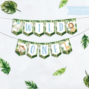 Banner Wild One, Banner Safari, 1° compleanno ragazzo, Tema giungla, Tropicale selvaggio, Animali elefante leone, Primo compleanno, Stampabile digitale