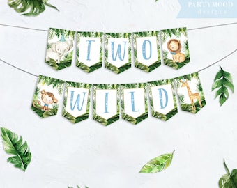 Two Wild Banner, Safari Banner, Boy 2nd Birthday, Jungle Theme, Wild Tropical, Lion Elephant Animals, First Birthday, Digital Printable