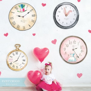 May include: Four whimsical clocks with Alice in Wonderland themes, including a pocket watch and clocks with rabbit ears and a Mad Hatter hat. Pink heart balloons and a child in a pink tutu complete the scene. The clocks have Roman numerals.