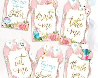 Alice In Wonderland Tags, Alice Tag, Onederland, Girl 1st Birthday Party, Mad Tea Party, Eat Me, Drink Take Me, Smaller Taller, Printable