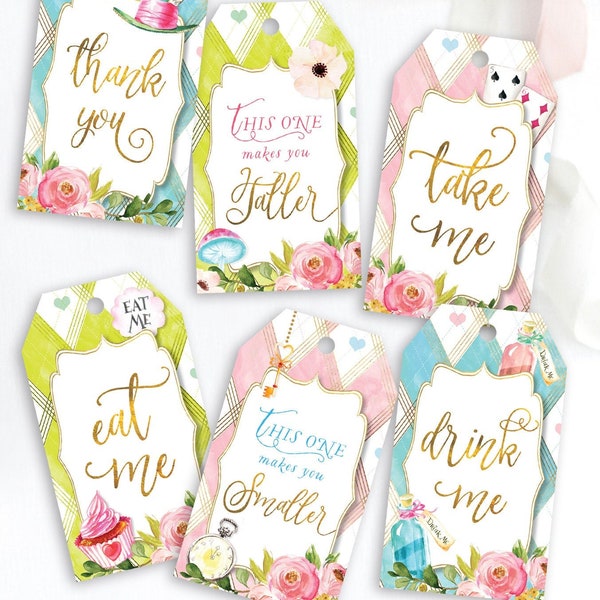 Alice In Wonderland Tags, Alice Tag, Onederland, Girl 1st Birthday Party, Mad Tea Party, Eat Me, Drink Take Me, Smaller Taller, Printable