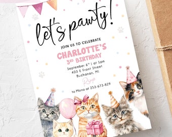 Cat Birthday Invitation, Editable Kitty Birthday Invite, Let's Pawty, Kitty Cat, Kitten Party, Girl Pink Instant Download, Editable Template
