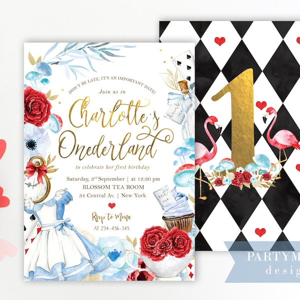 Alice In Wonderland, Onederland Girl's 1st Birthday Dress Invitation, Mad Hatter Tea Party, Red Blue Black, Milestone Poster, Digital Invite