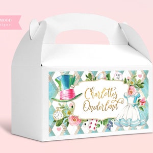 Alice In Wonderland Gable Box, Editable Gift Box, Onederland Gable, Favor Bag, Girl 1st Birthday, Mad Tea Party Decor, DIGITAL PRINTABLE