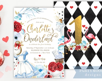 Alice In Wonderland, Onederland Girl&#39;s 1st Birthday Dress Invitation, Mad Hatter Tea Party, Red Blue Black, Milestone Poster, Digital Invite