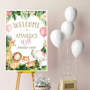 Signo de bienvenida de Wild One Safari, editable, Pink Girls Wild Tropical, Lion Elephant Animals Adventure comienza la primera recepción de cumpleaños, imprimible