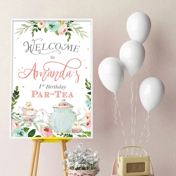 Floral Tea Party Welcome Sign, Girl 1st Birthday, High Tea Party Invite, Garden Tea Birthday card for Girls, Pastel, Blush Gold Flowers