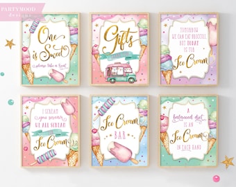 Conjunto de signos de cumpleaños de helado, conjunto de 6, decoración de cumpleaños, aquí está la cucharada, dulce, dos dulces, signo de helado, cumpleaños de niña, imprimible 010