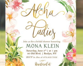 Aloha Invitation, Pineapple, Shower Invitation, Bridal Shower Invite, Shower, Tropical Luau Hawaiian, Tropical Card, Wedding, Printable