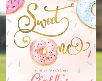 Invitación de cumpleaños de donut, donut dulce una invitación, donut primera invitación de cumpleaños, niña 1er cumpleaños, dulce un donut, oro pastel rubor