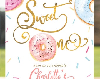 Invitación de cumpleaños de donut, donut dulce una invitación, donut primera invitación de cumpleaños, niña 1er cumpleaños, dulce un donut, oro pastel rubor