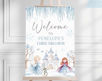 Letrero de bienvenida de cumpleaños de Frozen, fiesta de princesa Elsa editable, letrero de bienvenida de Frozen, fiesta de cumpleaños de Frozen, plantilla de acuarela, CUALQUIER EDAD, CORJL