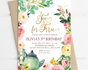 Tea for Three Birthday Invitation, Girl invite, Floral Tea Party Invites, Garden invite cards for Girls, Pastel Colors, Blush Gold Flowers