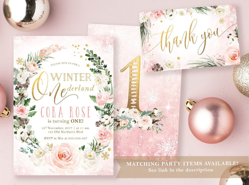 Winter Onederland Signs Girl Birthday Wonderland Party Digital Printable Thank You Snow Much for Coming Sign Gold Blush First Birthday