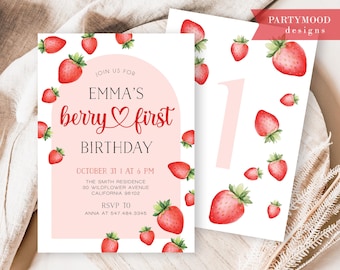 May include: A pink and white printable invitation with a red heart and the text "Emma's berry first birthday" for a first birthday party. The invitation is decorated with red strawberries.