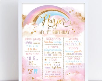 Rainbow Milestone Poster, Editable, Baby Infographic Board, Magical Party decor, Unicorn Girl 1st Birthday, Summer Party sign, Pastel
