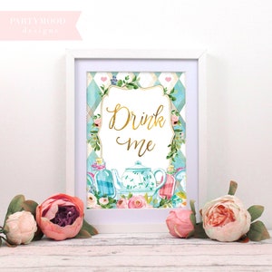 Alice In Wonderland Drink Me Sign, Decor Onederland Girl&#39;s 1st Birthday Party Invitation, Mad Tea Party, Alice Theme Decor, Alice Printable