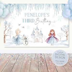 Peut inclure: Une toile de fond numérique imprimable pour une fête d'anniversaire. La toile de fond représente une scène d'hiver avec un château, deux princesses et Olaf le bonhomme de neige. Le texte "PENELOPE'S THIRD BIRTHDAY" est en haut de la toile de fond.