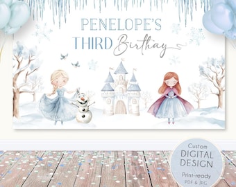 Fondo de cumpleaños de Frozen, fiesta de princesa Elsa editable, letrero de pared de recepción de Frozen, fiesta de cumpleaños de Frozen, plantilla de acuarela CUALQUIER EDAD CORJL