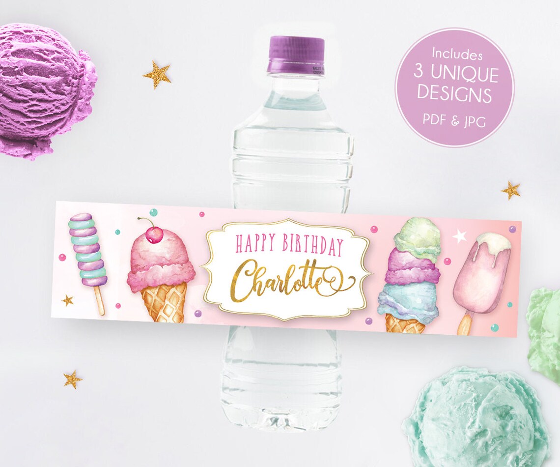 Ice Cream Water Labels, Ice Cream Labels, Here's the Scoop, Birthday ...