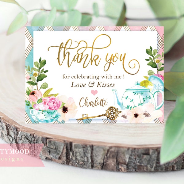 Alice In Wonderland THANK YOU Card, Editable Thank You, Onederland, Girl 1st Birthday Party, Mad Hatter Tea Party, Insert, Digital Printable