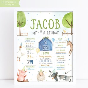 Affiche d'étape importante de la ferme, infographie de bébé, animaux de la ferme, fête d'anniversaire de garçon, décorations de basse-cour de ferme, fêtards, modifiable imprimable