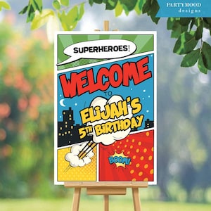Cartello di benvenuto dei supereroi, cartello di compleanno per ricevimento, decorazioni da supereroi, tema da supereroi, decorazioni, eroe dei fumetti ragazzo, scarica stampabile