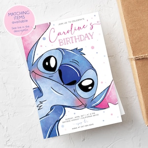 May include: A birthday invitation featuring a blue cartoon character with large black eyes and a mischievous grin. The invitation reads "Caroline's Birthday" in pink script, with event details below. A pink circle with text indicates matching items are available.